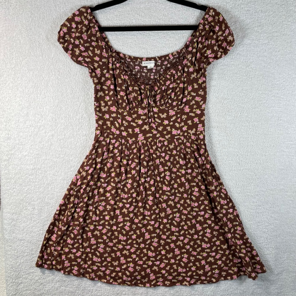 coquette‎ milkmaid shirred tie bust off shoulder floral babydoll dress S brown